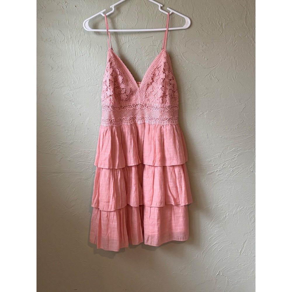 Rebellion Again Pink Crochet Lace Tiered Ruffle Mini Dress‎ Boho Large